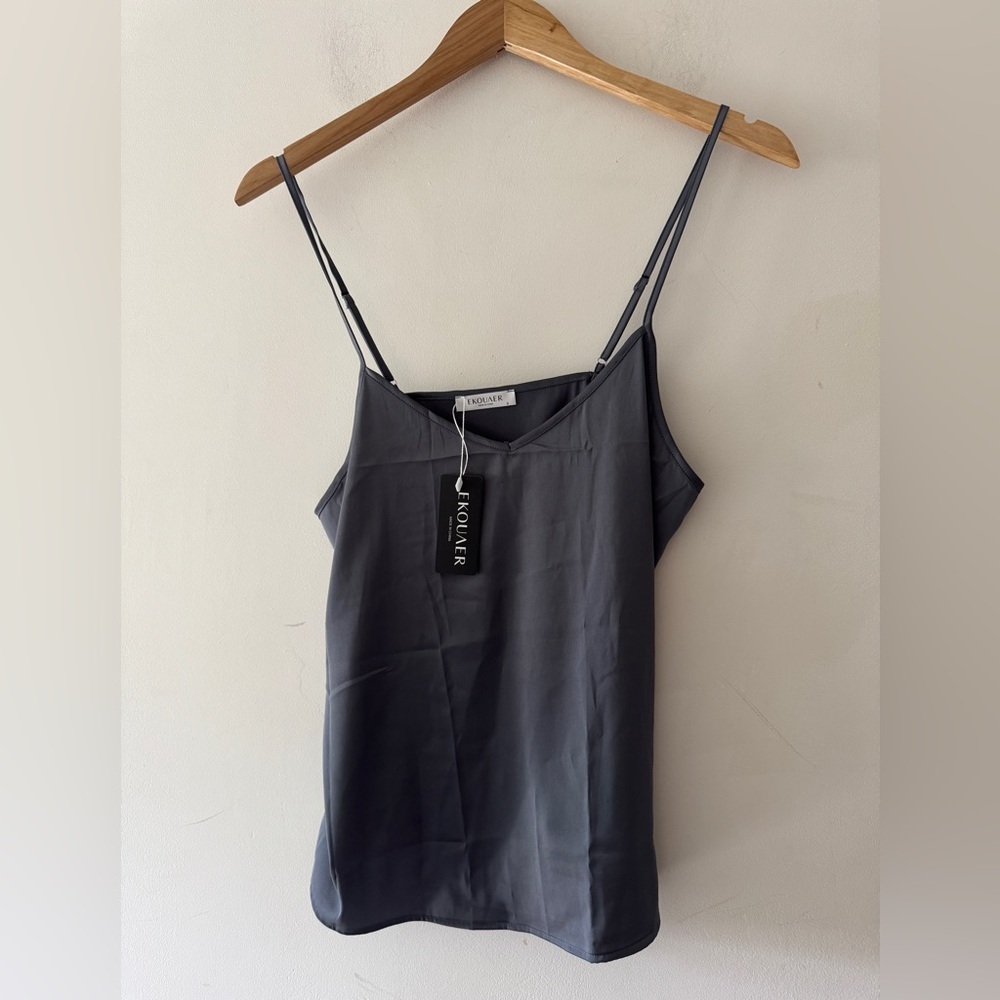 NEW!! Ekouaer Charcoal Gray Silky Satin‎ Cami Sleep Lounge Top